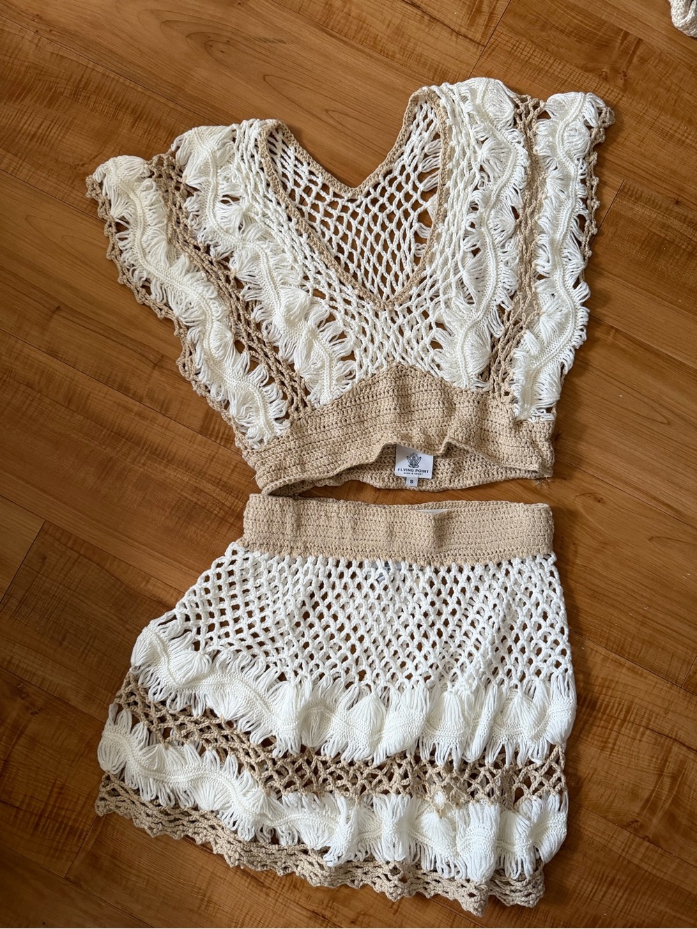 Crochet Swim Coverup Set in Cream and Tan